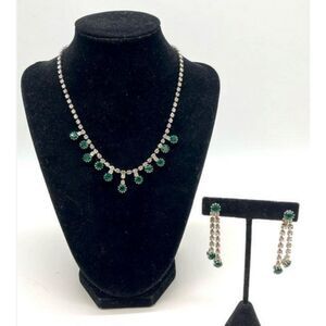 Vintage Demi Parure White & Green Rhinestone Choker Necklace & Clip Earrings Set